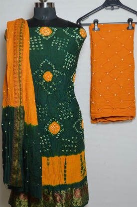 Picture of Dark Green and Yellow Tie and Dye Bandhani Cotton Dress Material