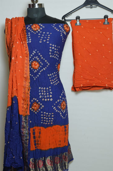 Picture of Royal Blue and Orange Tie and Dye Bandhani Cotton Dress Material