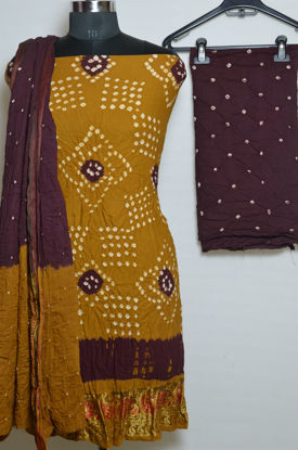 Picture of Khaki and Brown Tie and Dye Bandhani Cotton Dress Material