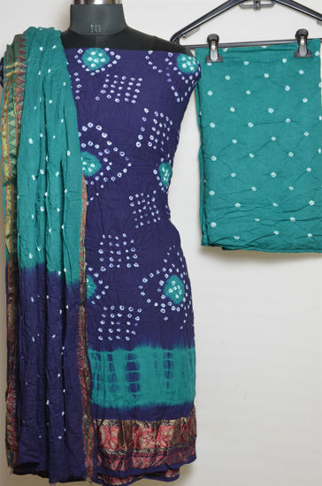 Picture of Navy Blue and Sea Green Tie and Dye Bandhani Cotton Dress Material