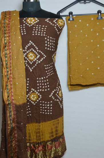 Picture of Brown and Khaki Tie and Dye Bandhani Cotton Dress Material