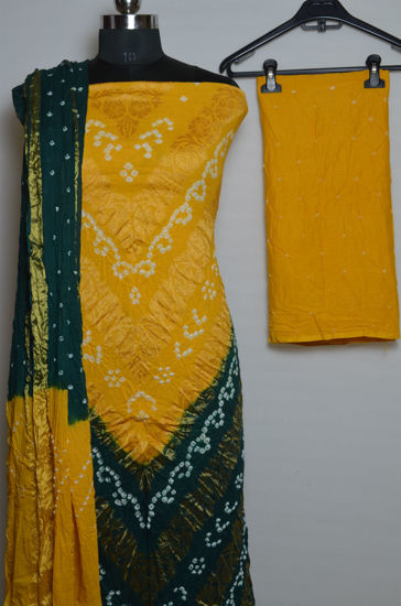 Picture of Yellow and Green Tie and Dye Bandhani Cotton Dress Material