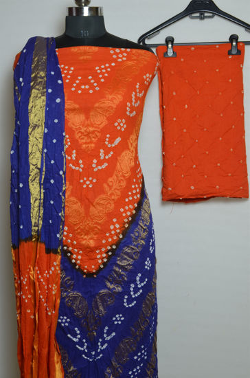 Picture of Orange and Blue Tie and Dye Bandhani Cotton Dress Material