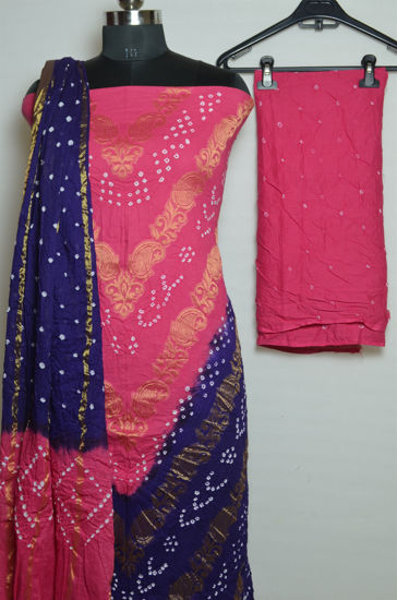 Picture of Pink and Violet Tie and Dye Bandhani Cotton Dress Material