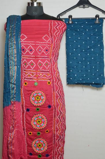 Picture of Peach and Peacock Blue Tie and Dye Bandhani Silk Cotton Dress Material
