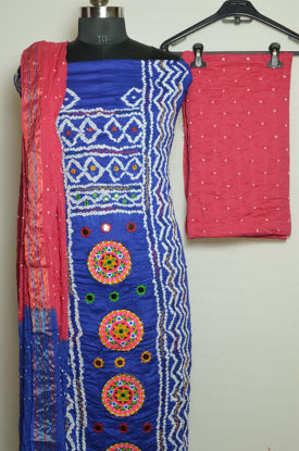 Picture of Blue and Peach Tie and Dye Bandhani Silk Cotton Dress Material