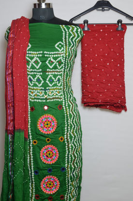 Picture of Green and Red Tie and Dye Bandhani Silk Cotton Dress Material
