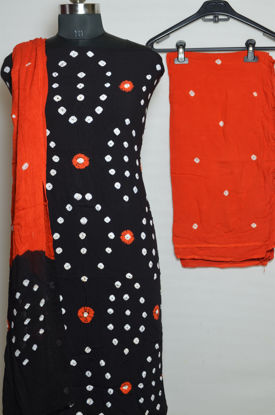 Picture of Black and Orange Tie and Dye Bandhani Rayon Dress Material