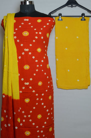 Picture of Orange and Yellow Tie and Dye Bandhani Rayon Dress Material