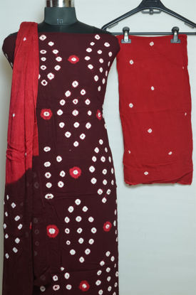 Picture of Brown and Red Tie and Dye Bandhani Rayon Dress Material