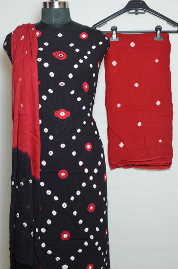 Picture of Black and Red Tie and Dye Bandhani Rayon Dress Material
