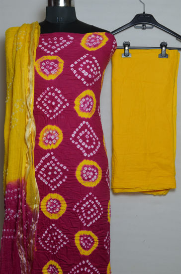 Picture of Pink and Yellow Tie and Dye Bandhani Silk Cotton Dress Material