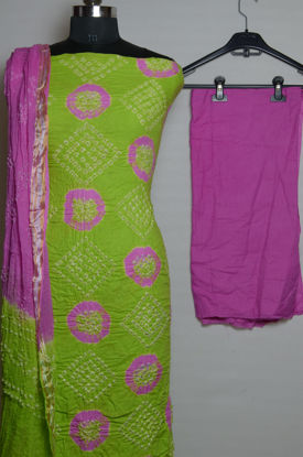 Picture of Green and Pink Tie and Dye Bandhani Silk Cotton Dress Material
