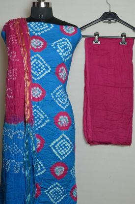 Picture of Blue and Pink Tie and Dye Bandhani Silk Cotton Dress Material