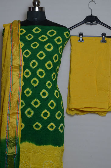 Picture of Green and Yellow Tie and Dye Bandhani Cotton Dress Material