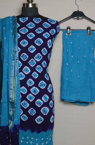 Picture of Blue and Navy Blue Tie and Dye Bandhani Cotton Dress Material