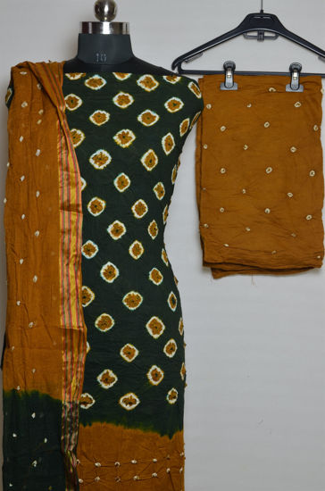 Picture of Dark Green and Mustard Yellow Tie and Dye Bandhani Cotton Dress Material