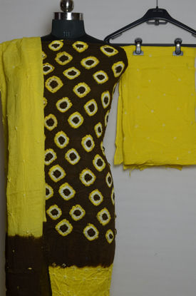 Picture of Olive Green and Yellow Tie and Dye Bandhani Cotton Dress Material