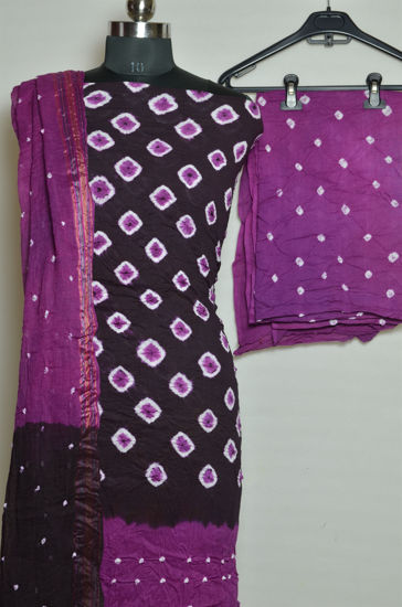 Picture of Dark Brown and Purple Tie and Dye Bandhani Cotton Dress Material