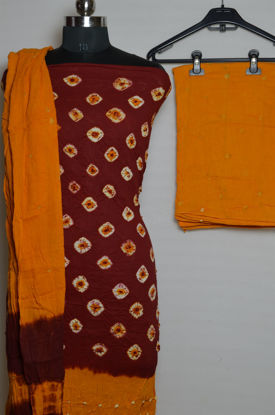 Picture of Maroon and Mustard Yellow Tie and Dye Bandhani Cotton Dress Material