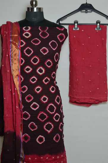 Picture of Dark Brown and Pink Tie and Dye Bandhani Cotton Dress Material