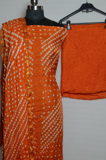 Picture of Orange Tie and Dye Bandhani Art silk Dress Material