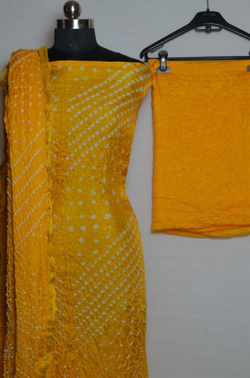 Picture of Yellow Tie and Dye Bandhani Art silk Dress Material