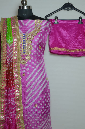 Picture of Pink Tie and Dye Bandhani Art silk Kundan and Gota Dress Material