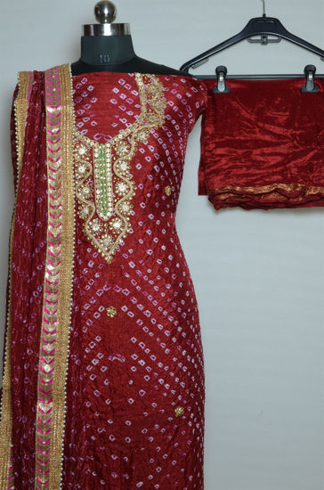 Picture of Maroon Tie and Dye Bandhani Art silk Kundan and Gota Dress Material