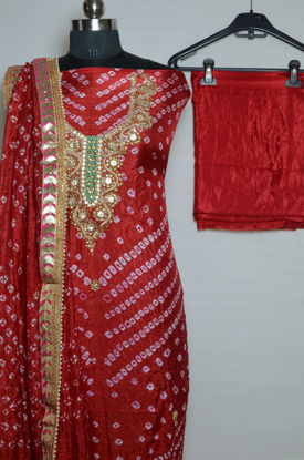 Picture of Red Tie and Dye Bandhani Art silk Kundan and Gota Dress Material