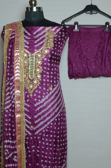 Picture of Purple Tie and Dye Bandhani Art silk Kundan and Gota Dress Material