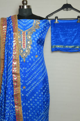 Picture of Blue Tie and Dye Bandhani Art silk Kundan and Gota Dress Material