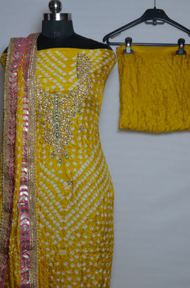 Picture of Mustard Yellow Tie and Dye Bandhani Art silk Kundan and Gota Dress Material