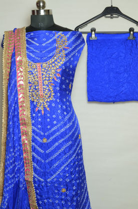 Picture of Royal Blue Tie and Dye Bandhani Art silk Kundan and Gota Dress Material
