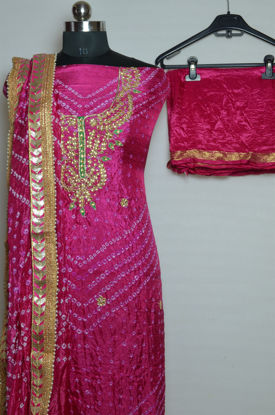 Picture of Pink Tie and Dye Bandhani Art silk Kundan and Gota Dress Material