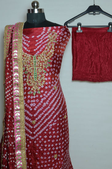Picture of Maroon Tie and Dye Bandhani Art silk Kundan and Gota Dress Material