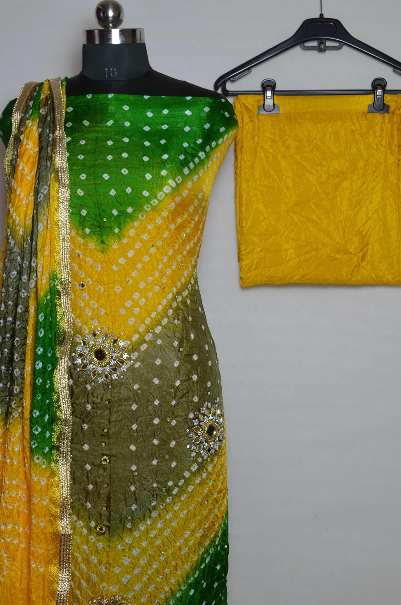 0001723 multi colour tie and dye bandhani art silk kundan and mirror dress material