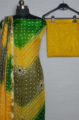 Picture of Multi colour Tie and Dye Bandhani Art silk Kundan and Mirror Dress Material
