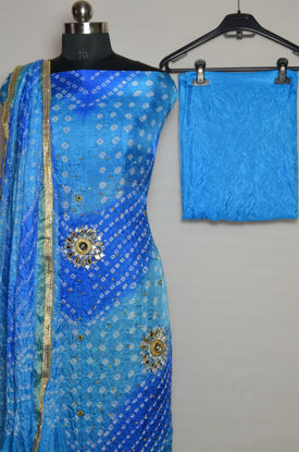 Picture of Multi colour Tie and Dye Bandhani Art silk Kundan and Mirror Dress Material