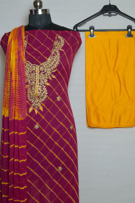Picture of Pink and Yellow Tie and Dye Leheriya Chiffon Kundan and Gota Dress Material