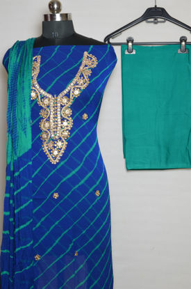 Picture of Blue and Sea Green Tie and Dye Leheriya Chiffon Kundan and Gota Dress Material