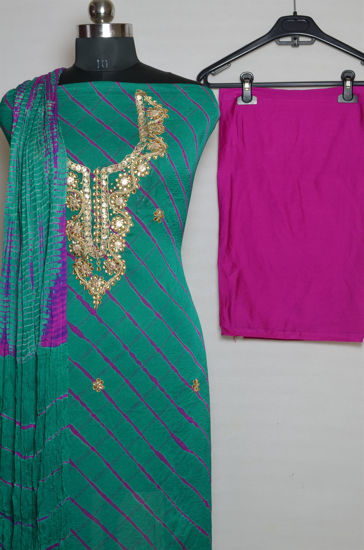 Picture of Sea Green and Pink Tie and Dye Leheriya Chiffon Kundan and Gota Dress Material
