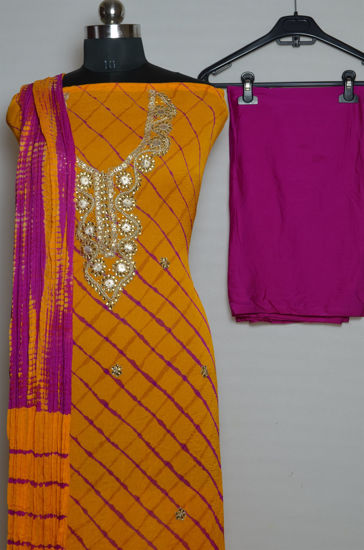 Picture of Yellow and Pink Tie and Dye Leheriya Chiffon Kundan and Gota Dress Material
