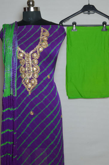 Picture of Purple and Green Tie and Dye Leheriya Chiffon Kundan and Gota Dress Material