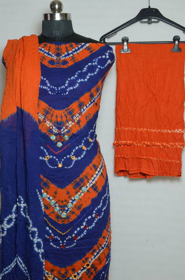 Picture of Blue and Orange Tie and Dye Bandhani Cotton Mirror Work Dress Material