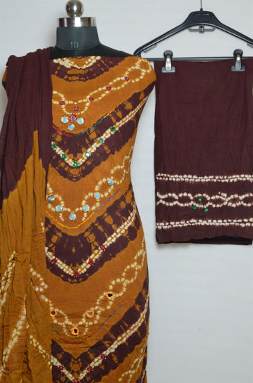 Picture of Brown and Maroon Tie and Dye Bandhani Cotton Mirror Work Dress Material