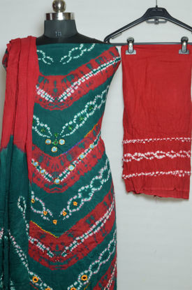 Picture of Red and Green Tie and Dye Bandhani Cotton Mirror Work Dress Material