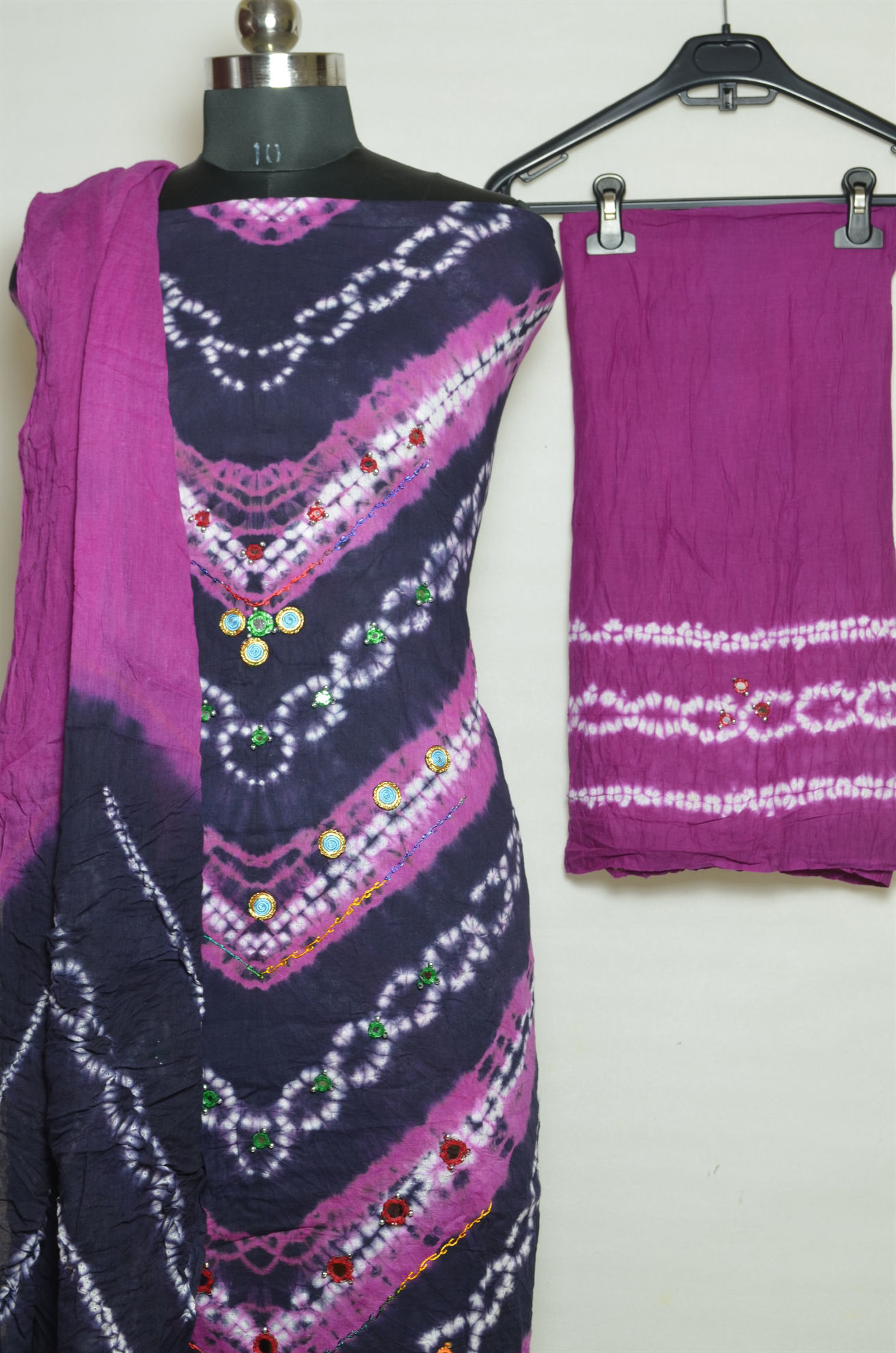 0001734 purple and navy blue tie and dye bandhani cotton mirror work dress material