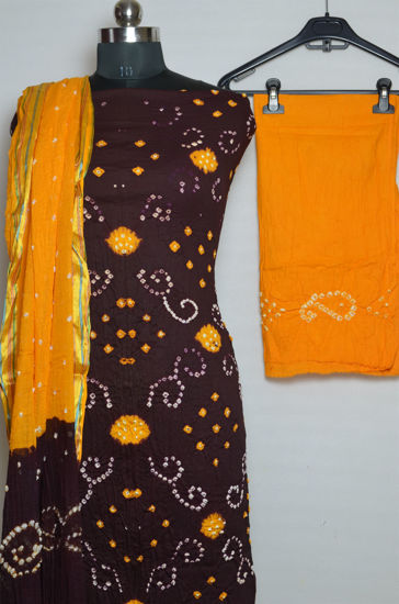 Picture of Brown and Yellow Tie and Dye Bandhani Silk Cotton Dress Material