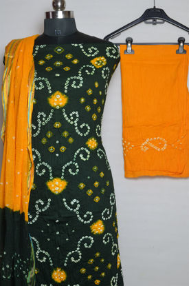 Picture of Green and Yellow Tie and Dye Bandhani Silk Cotton Dress Material